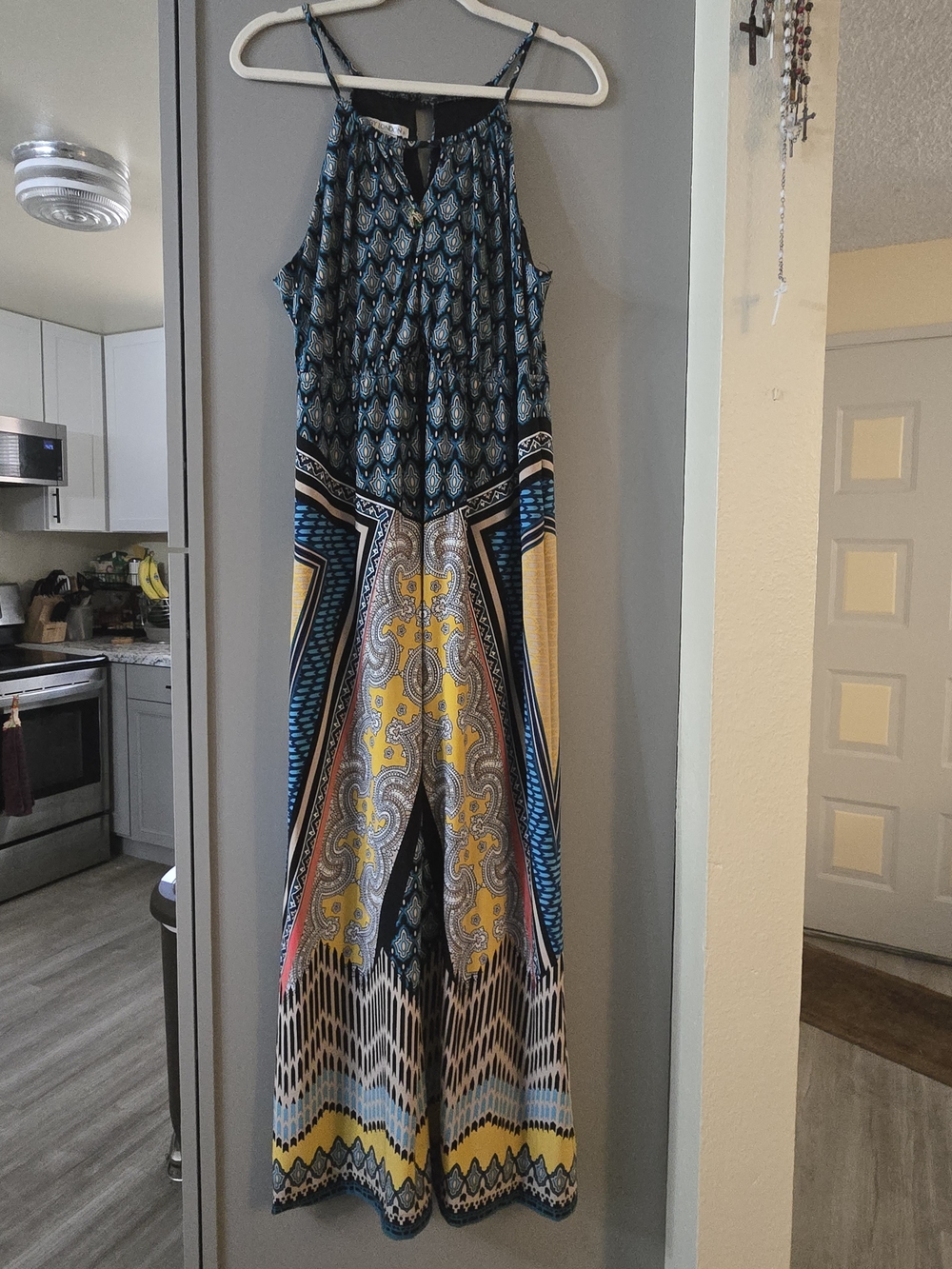 Maggy London Black Dress with Teal and Gold Print